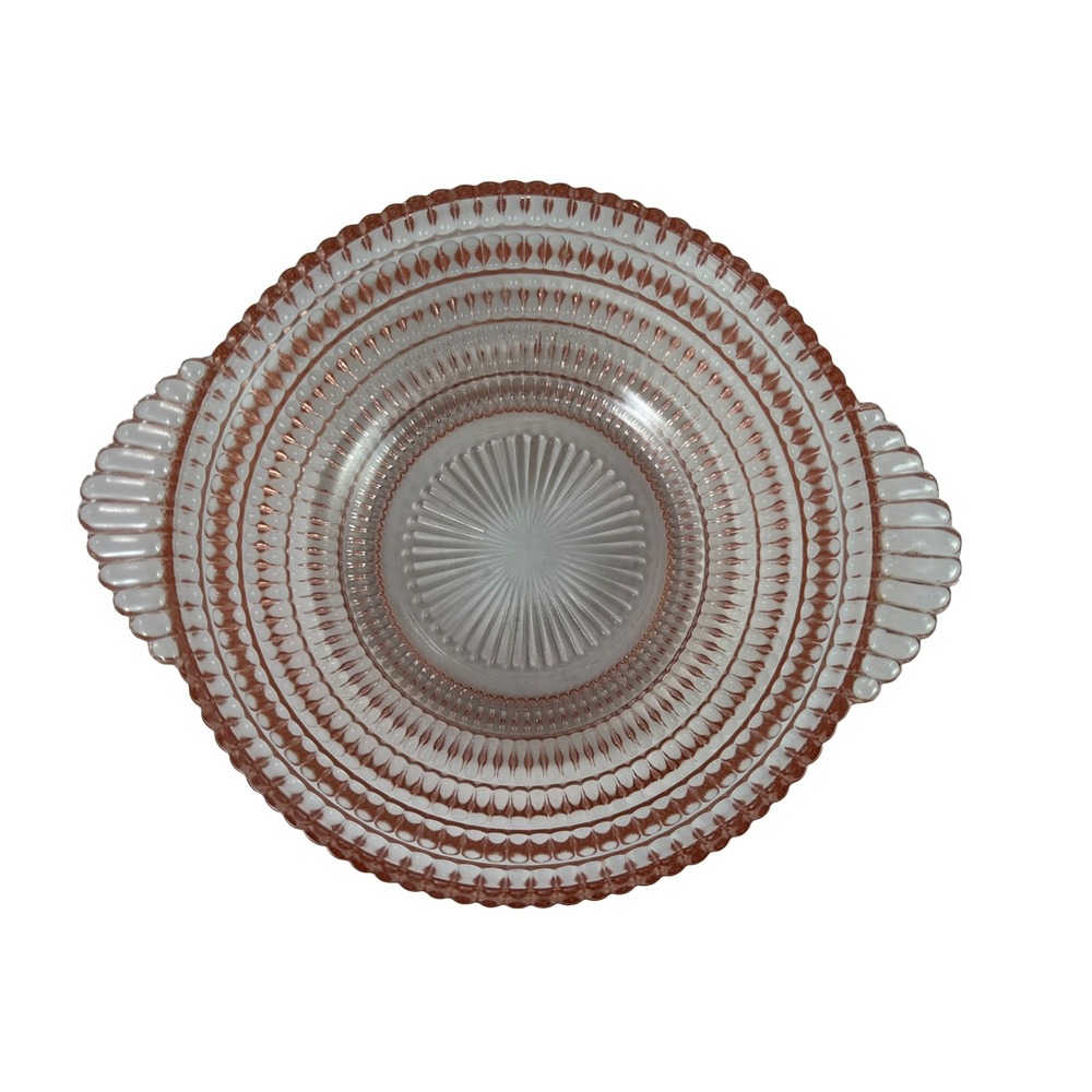 Depression Glass Serving Bowl Handles Ribbed 10.5" Vtg Sunburst